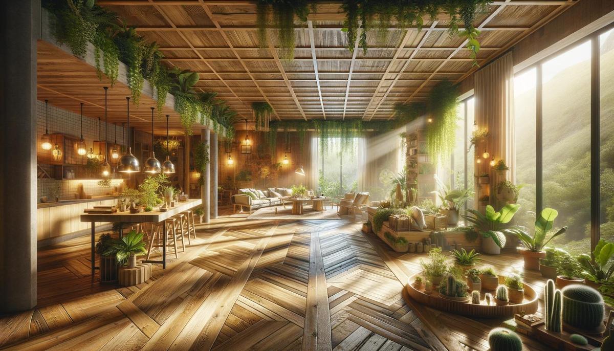 "Duurzame eco-vriendelijke interieurinrichting met veel groene planten in een lichte zonovergoten urban jungle café setting, houten meubilair en hangende tuinen, grote ramen met uitzicht op groene omgeving"