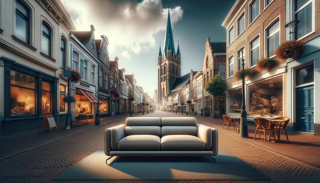 "Historische Europese straat bij zonsondergang met traditionele gebouwen en een kerk, voorgrond met moderne grijze hoekbank en café terras."