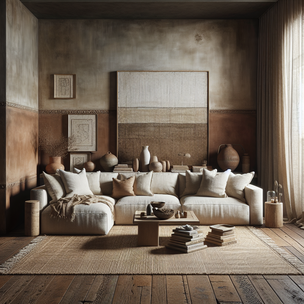 Een gezellig interieur met aardetinten, een bank en decoratieve objecten.