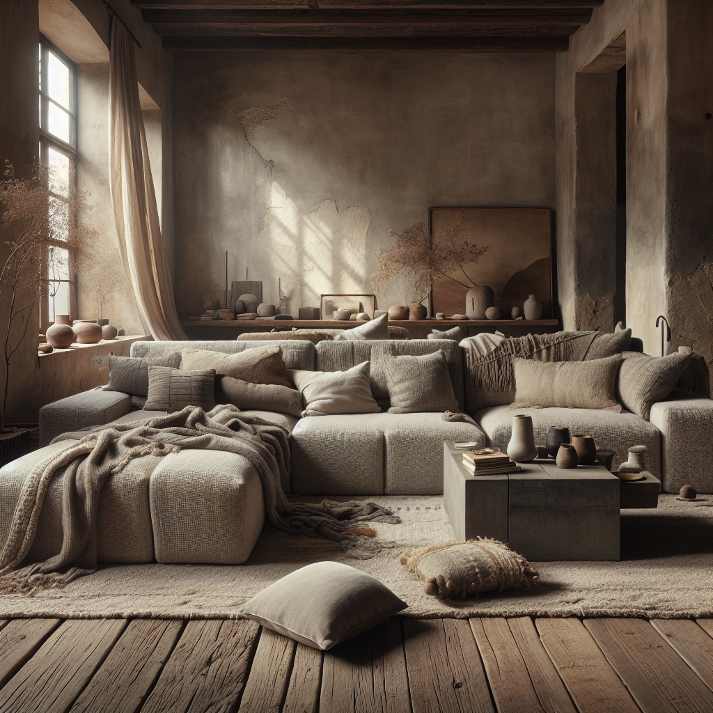 Hedendaagse woonkamer met een comfortabele bank, natuurlijke decoraties en warme tinten.