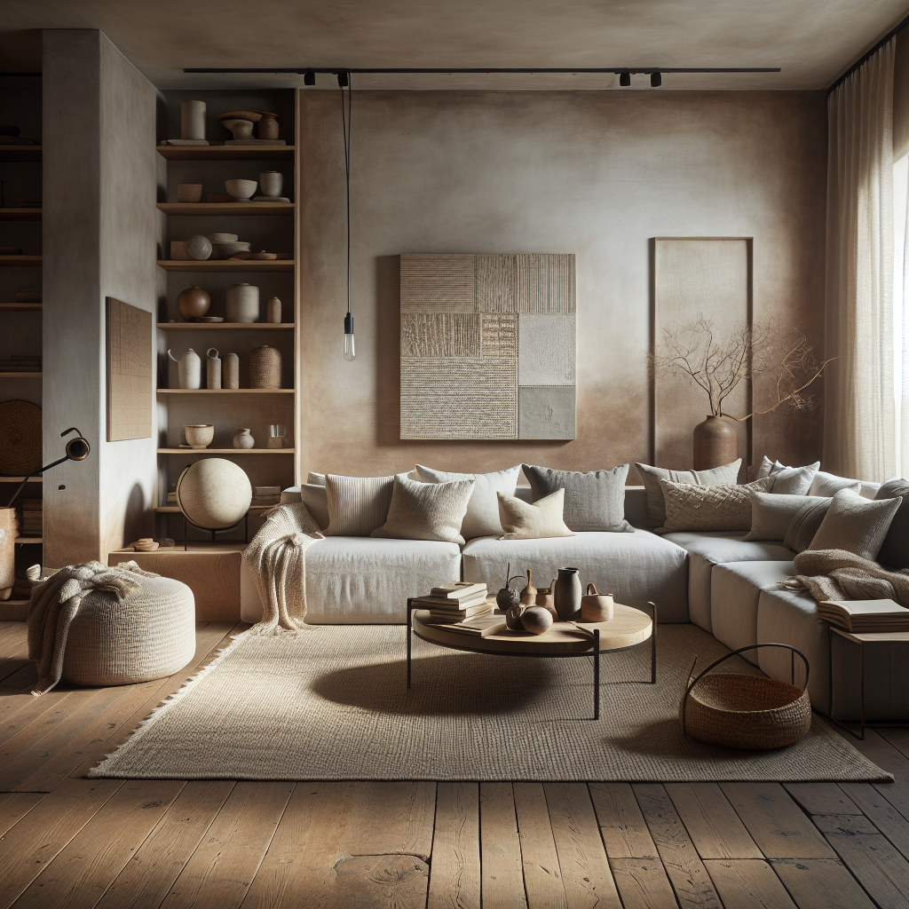 Moderne woonkamer in neutrale tinten met comfortabele meubels en decoratieve elementen.