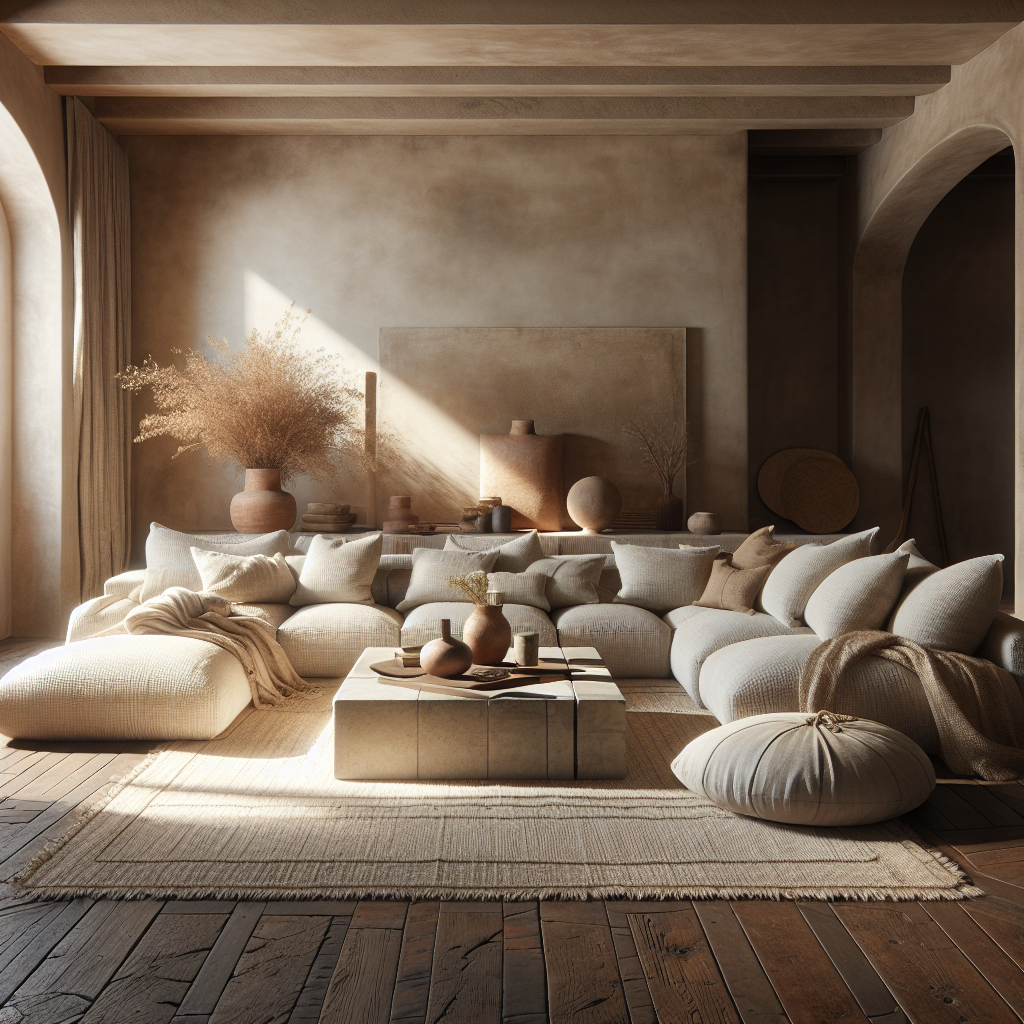 Een warme, moderne woonkamer met neutrale kleuren en stijlvolle meubels.
