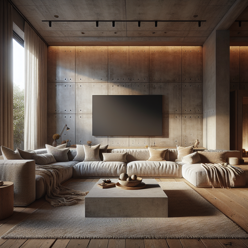 Moderne woonkamer met betonwanden, comfortabele bank en een grote televisie aan de muur.