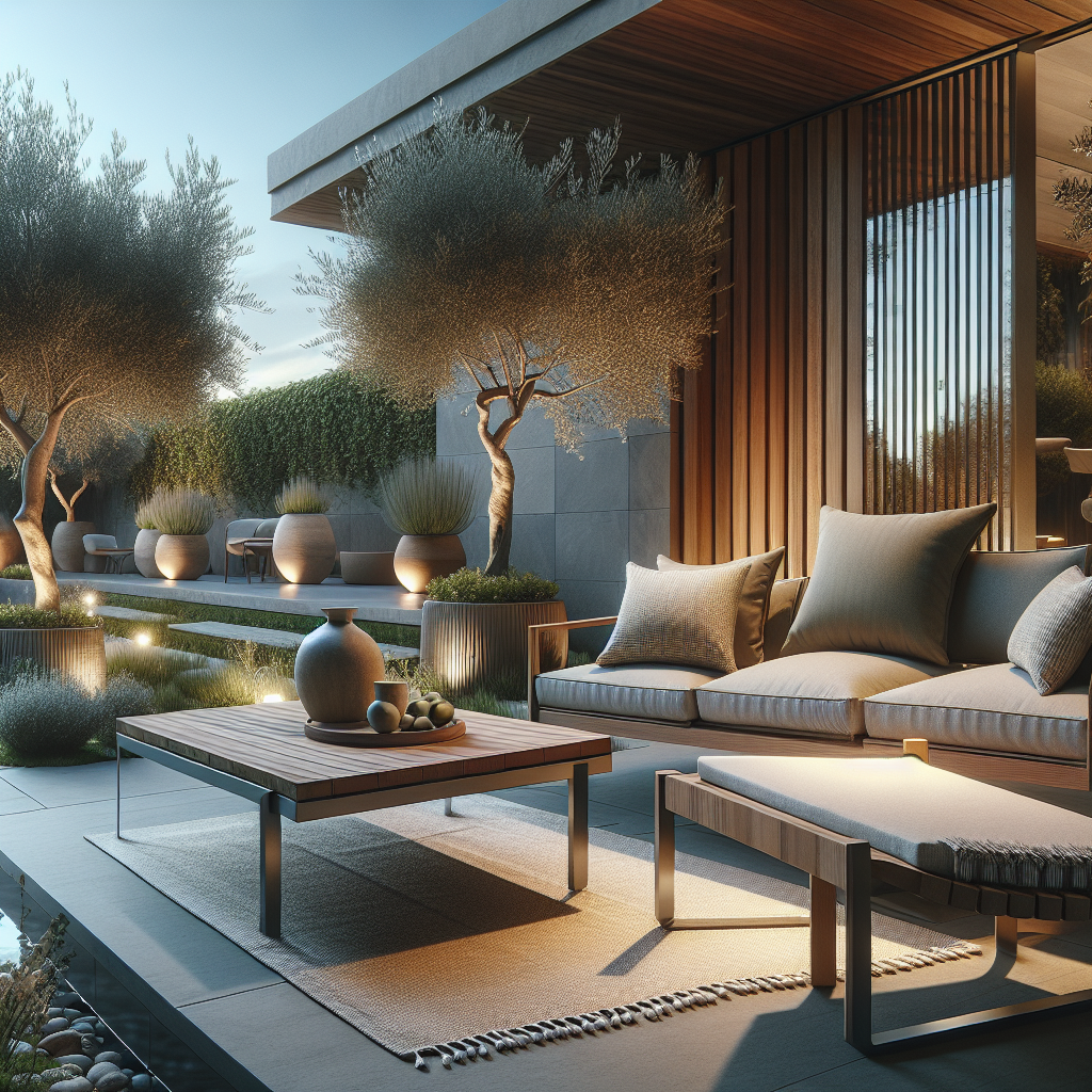 Moderne tuin met comfortabele zitplaatsen en sfeervolle verlichting bij zonsondergang.