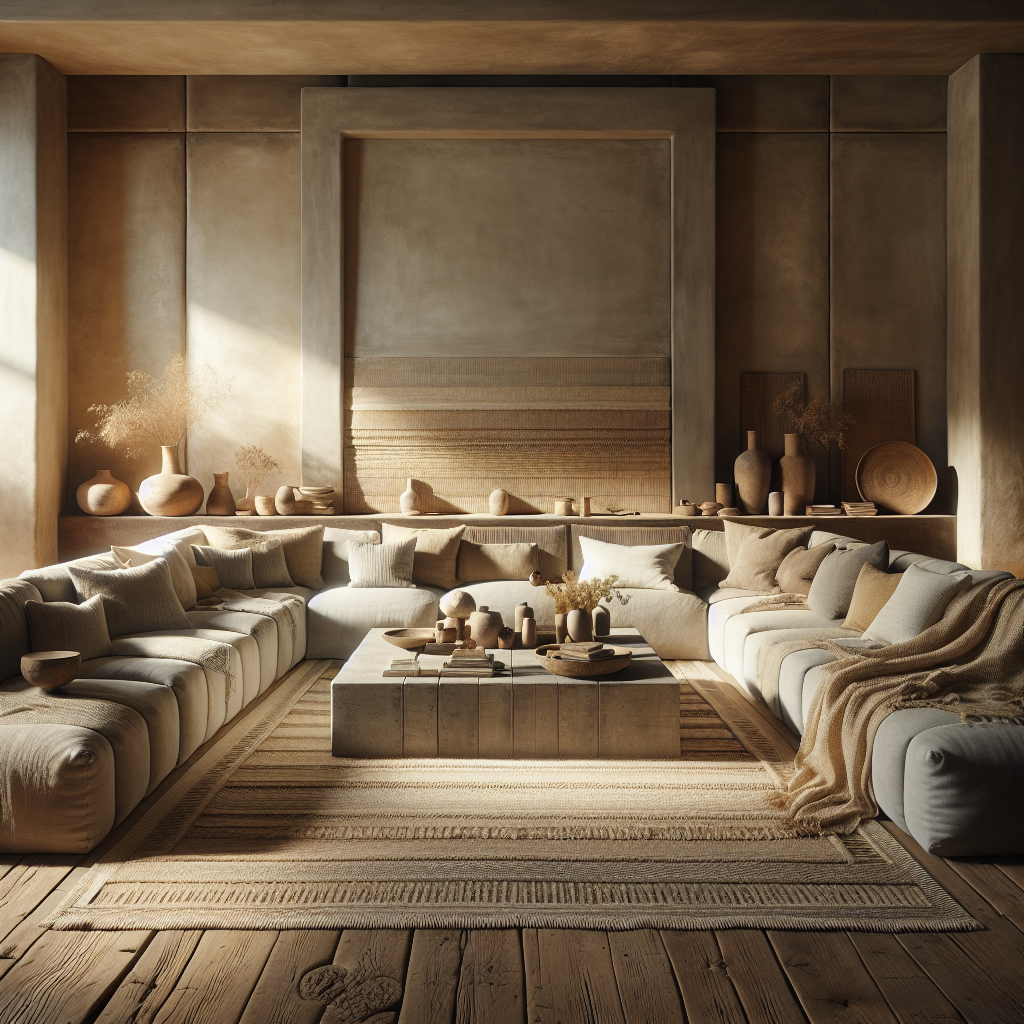 Un salon esthétique et chaleureux, avec des textures et des couleurs neutres.