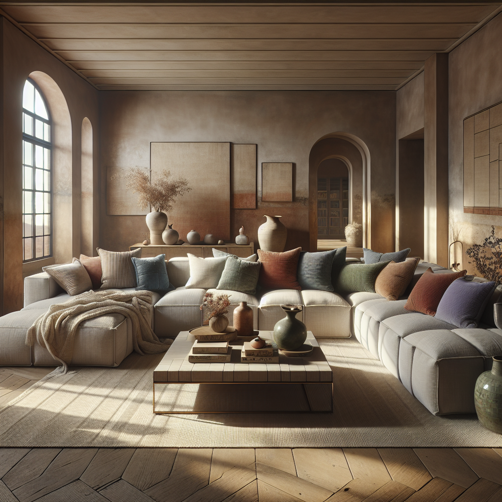 Een gezellig ingericht zitgedeelte met kleurrijke kussen en decoratieve aardewerken vazen.