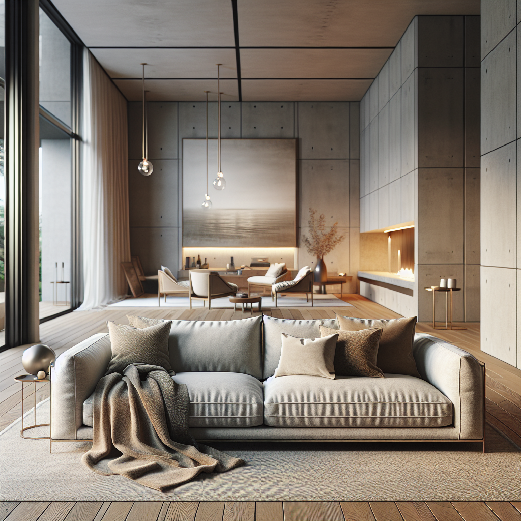 Moderne woonkamer met een elegante bank en natuurlijke verlichting.