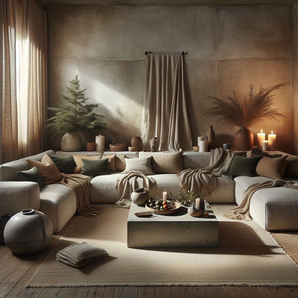 Salon chaleureux avec canapés confortables, plantes, bougies et décor naturel.