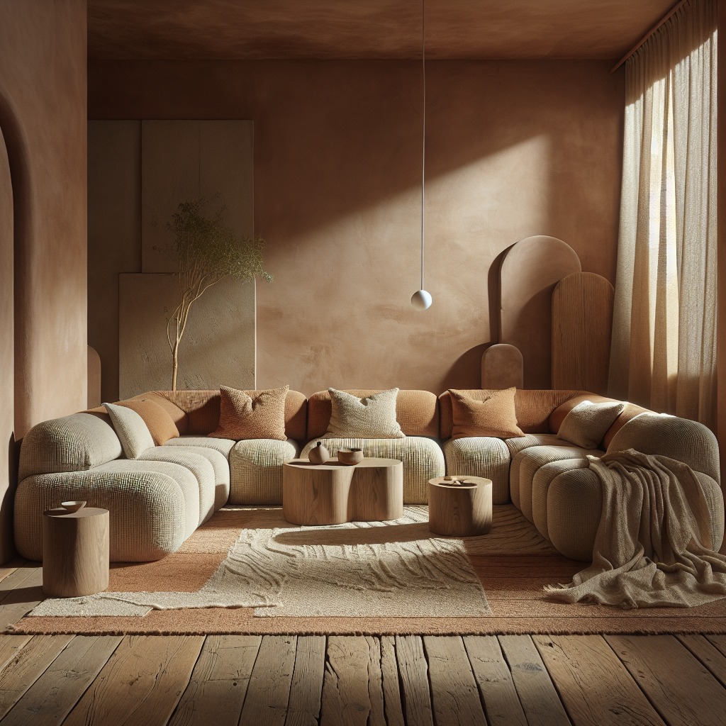 Een moderne woonkamer met een comfortabele bank en warme, aardse tinten.