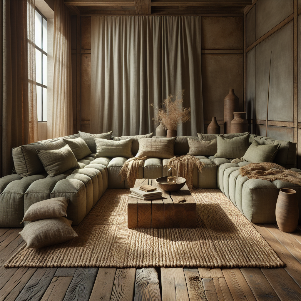 Gezellige woonkamer met een groene loungebank en natuurlijke decoratie.