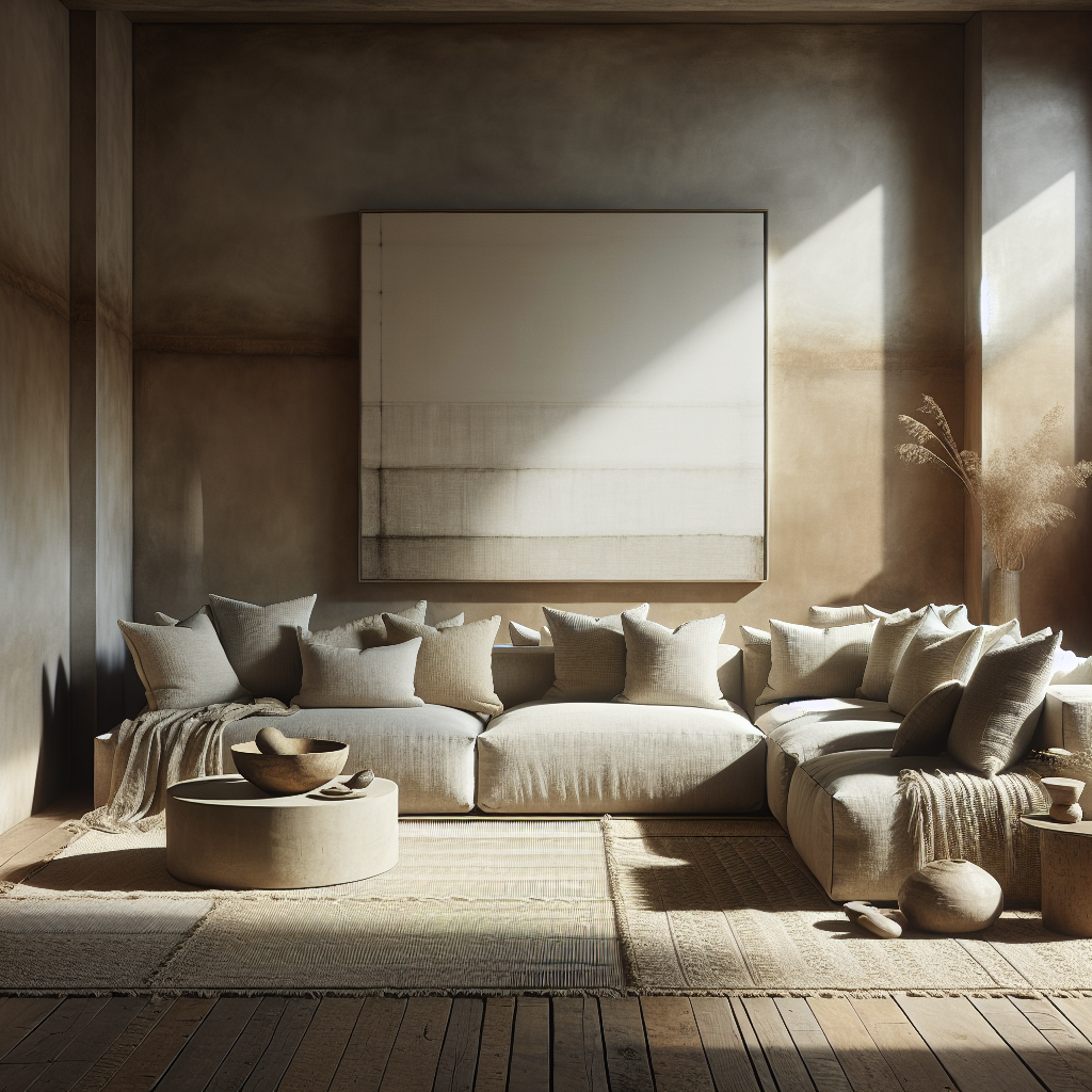 Moderne woonkamer met een ruime lichte bank en natuurlijke decoratie.