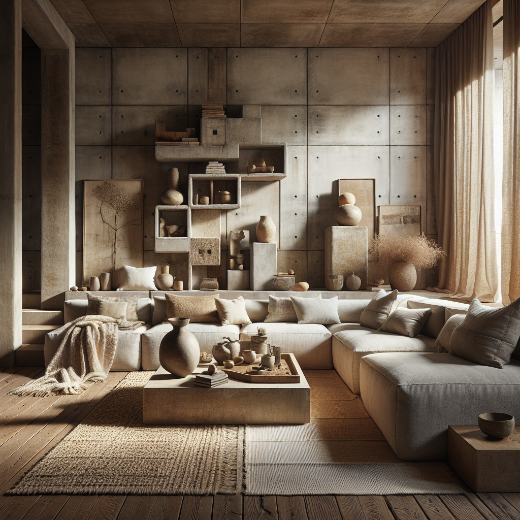 Elegantes Wohnzimmer mit neutralen Tönen, modernen Möbeln und stilvollen Dekorationen.