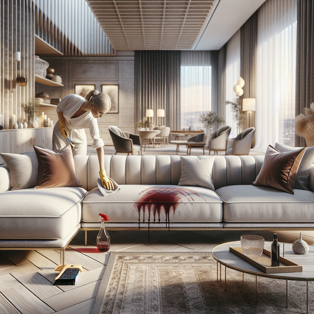 Een vrouw maakt een vlek schoon op een luxe bank in een modern interieur.