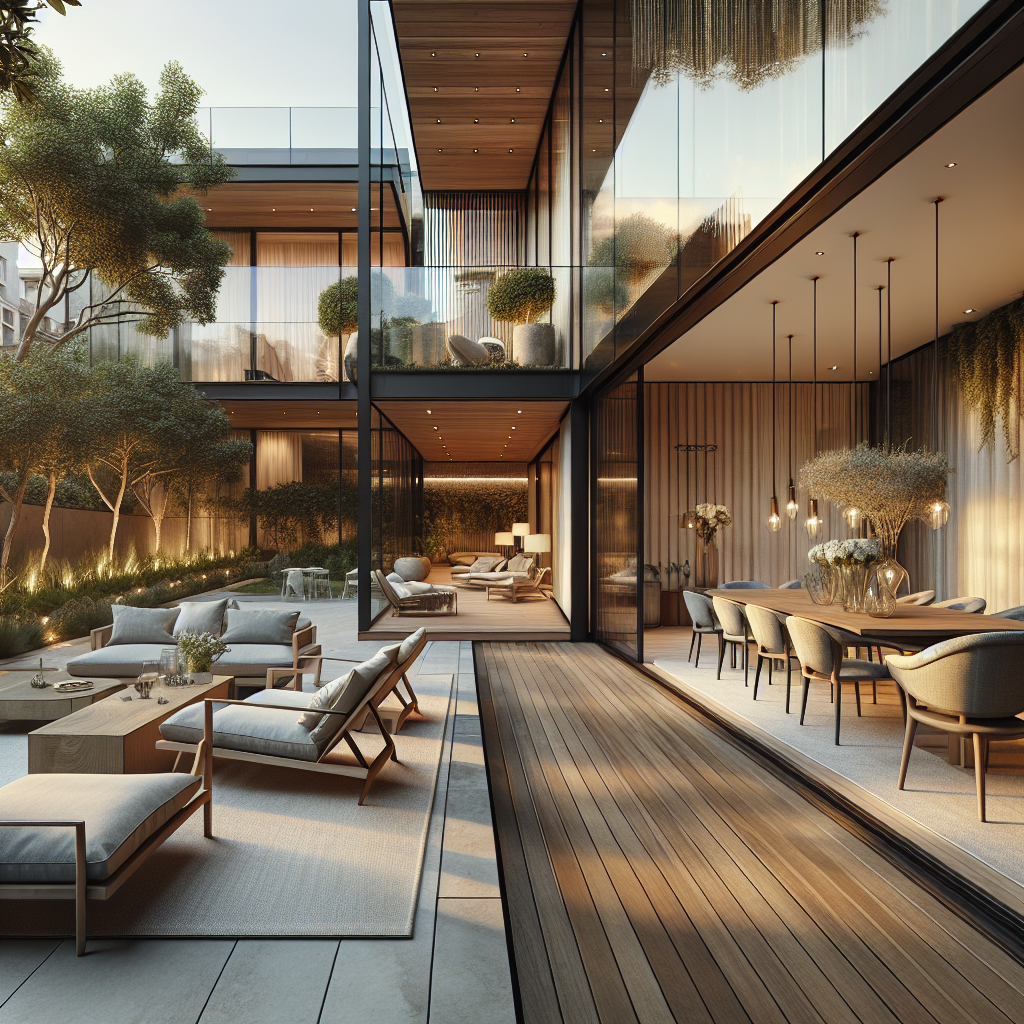 Moderne tuin met stijlvolle lounges en een elegante eethoek in natuurlijk licht.