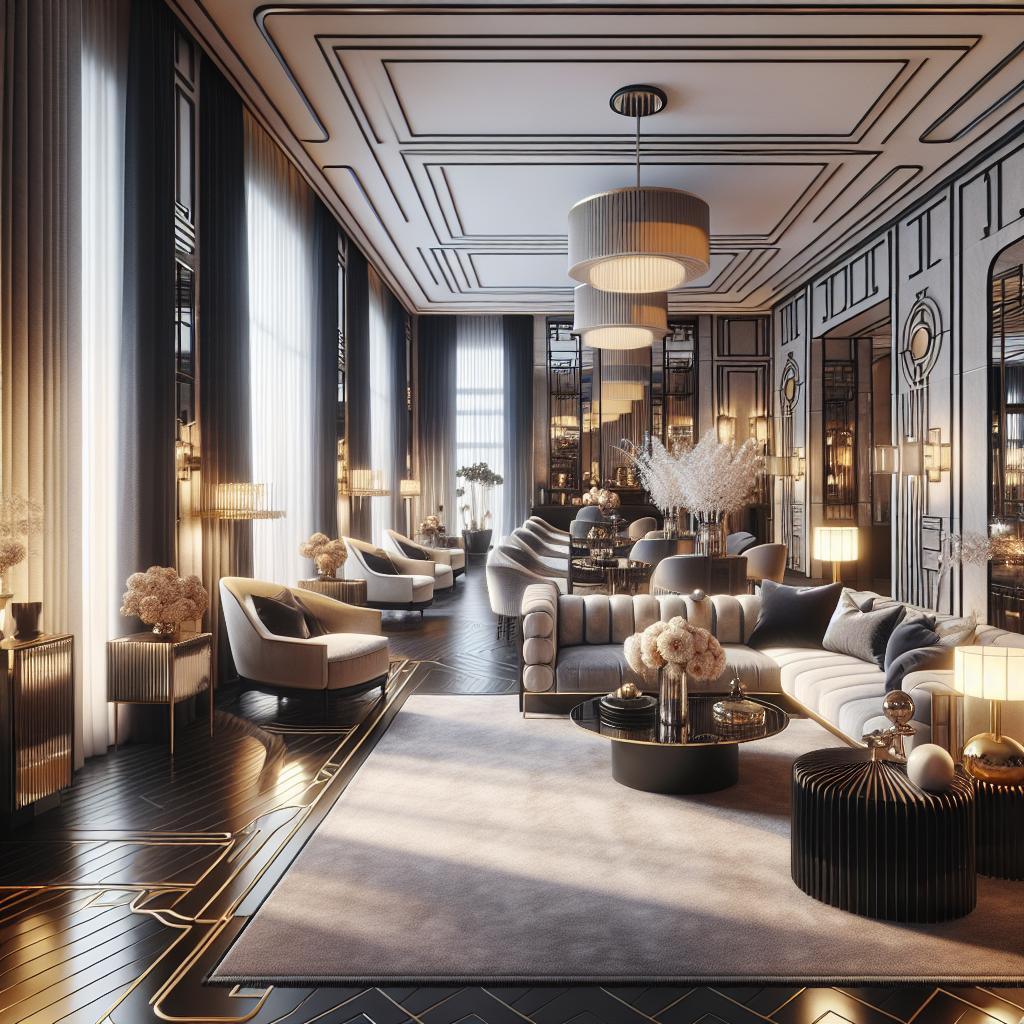 Luxe Art Deco and Scandinavian-chic hotel interior blending elegance and opulence.