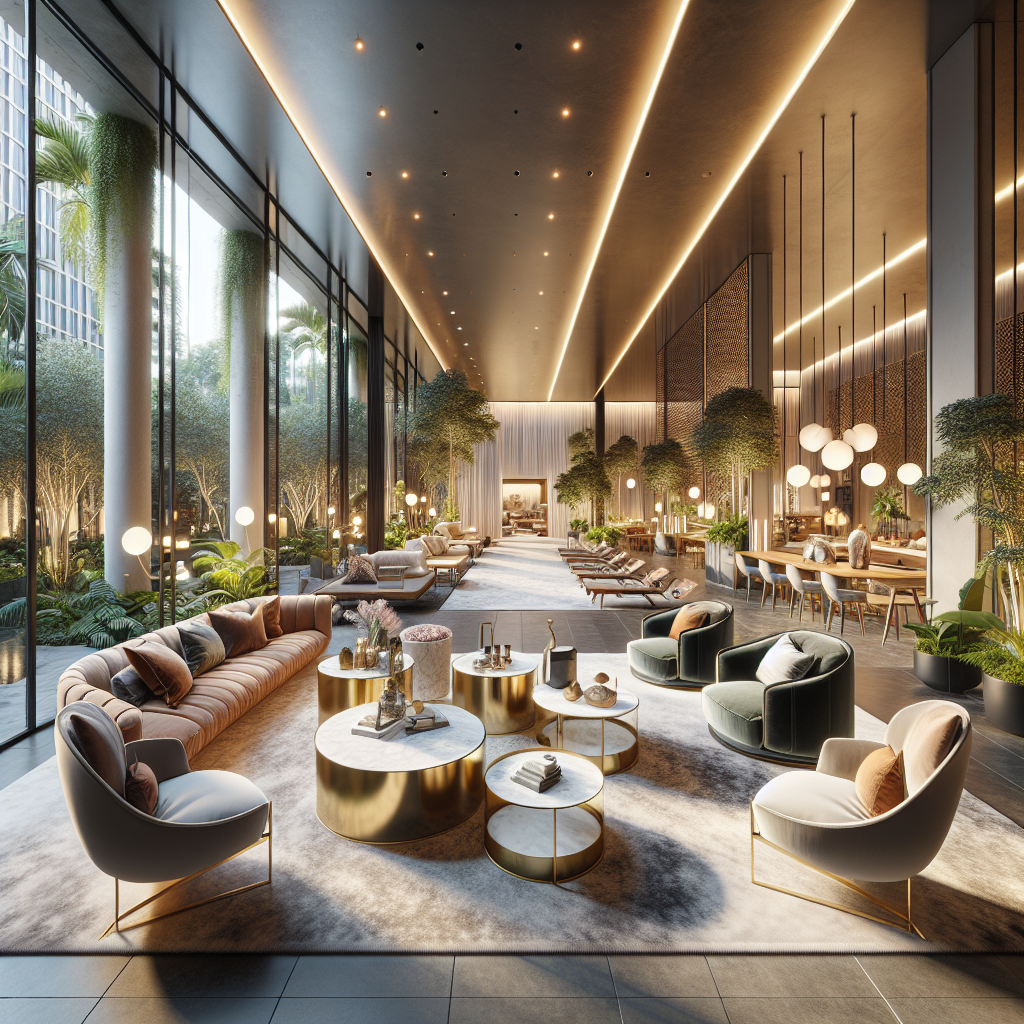 Elegante lobby met moderne meubels, planten en veel natuurlijk licht.