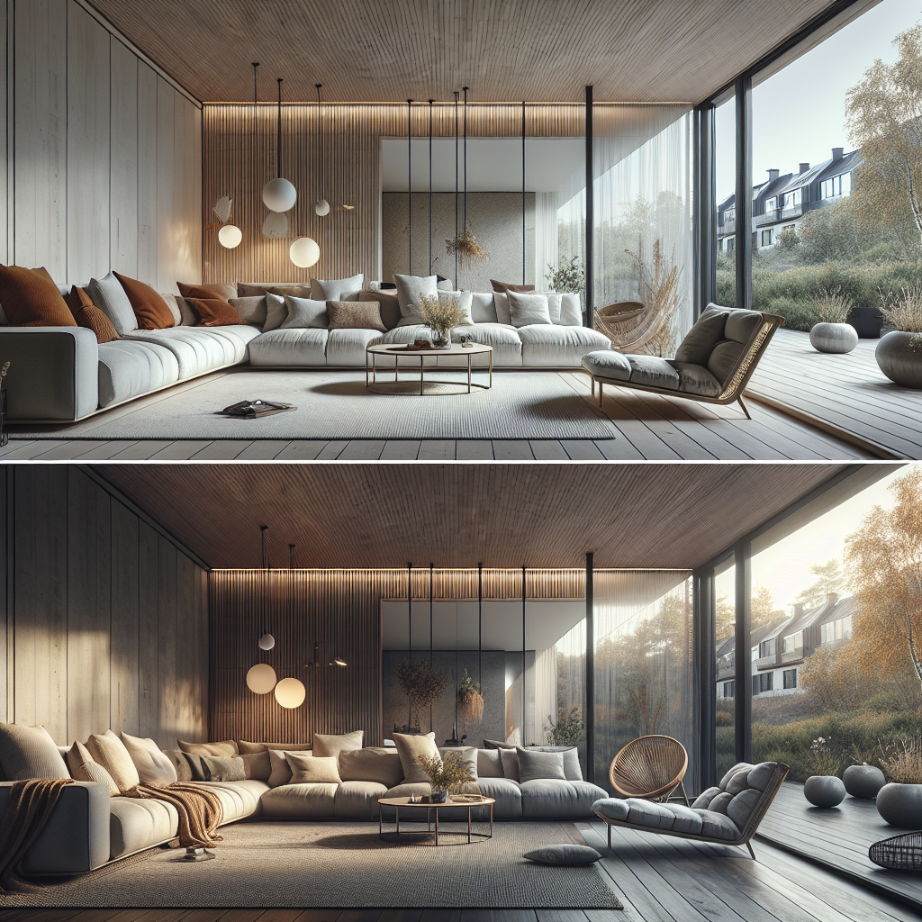 Moderne woonkamer met natuurlicht, comfortabele bank en stijlvolle decoraties.