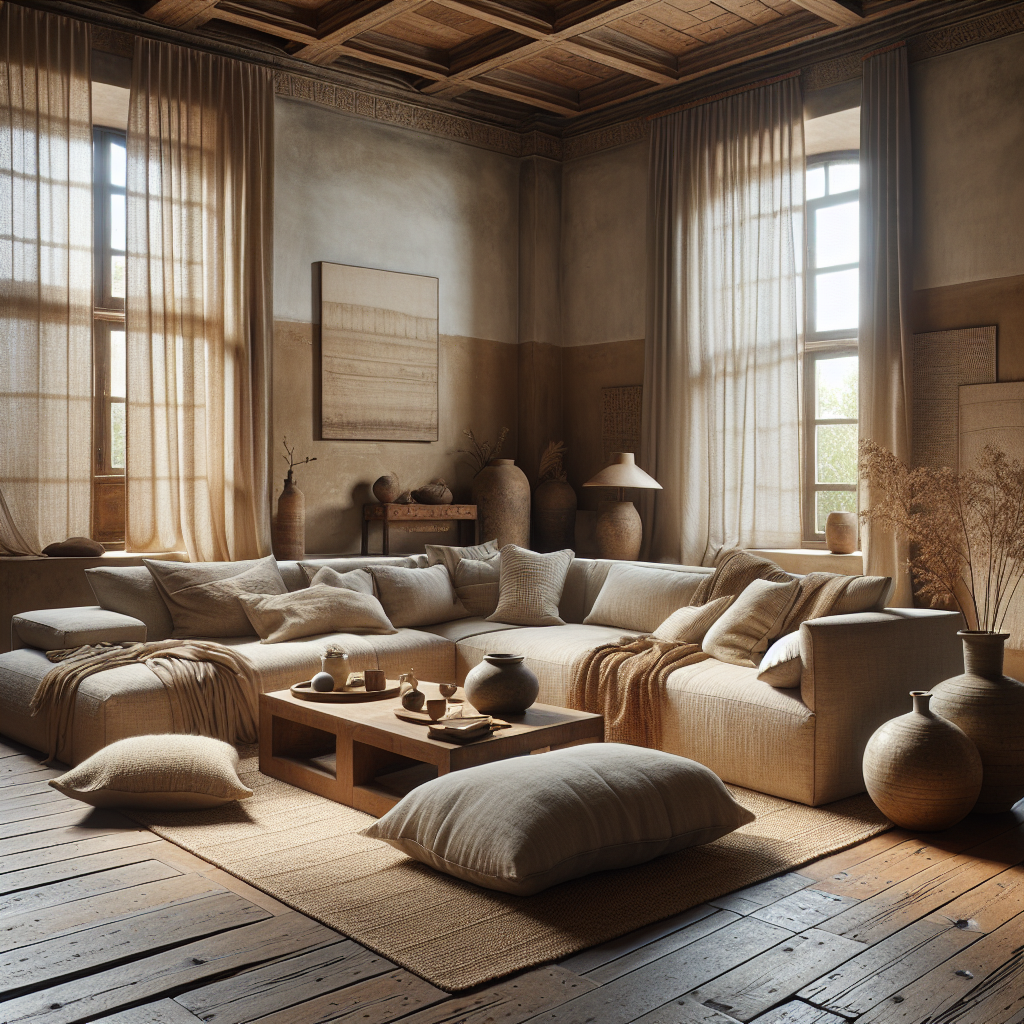 Een stijlvolle, warme woonkamer met een grote bank en natuurlijke materialen.