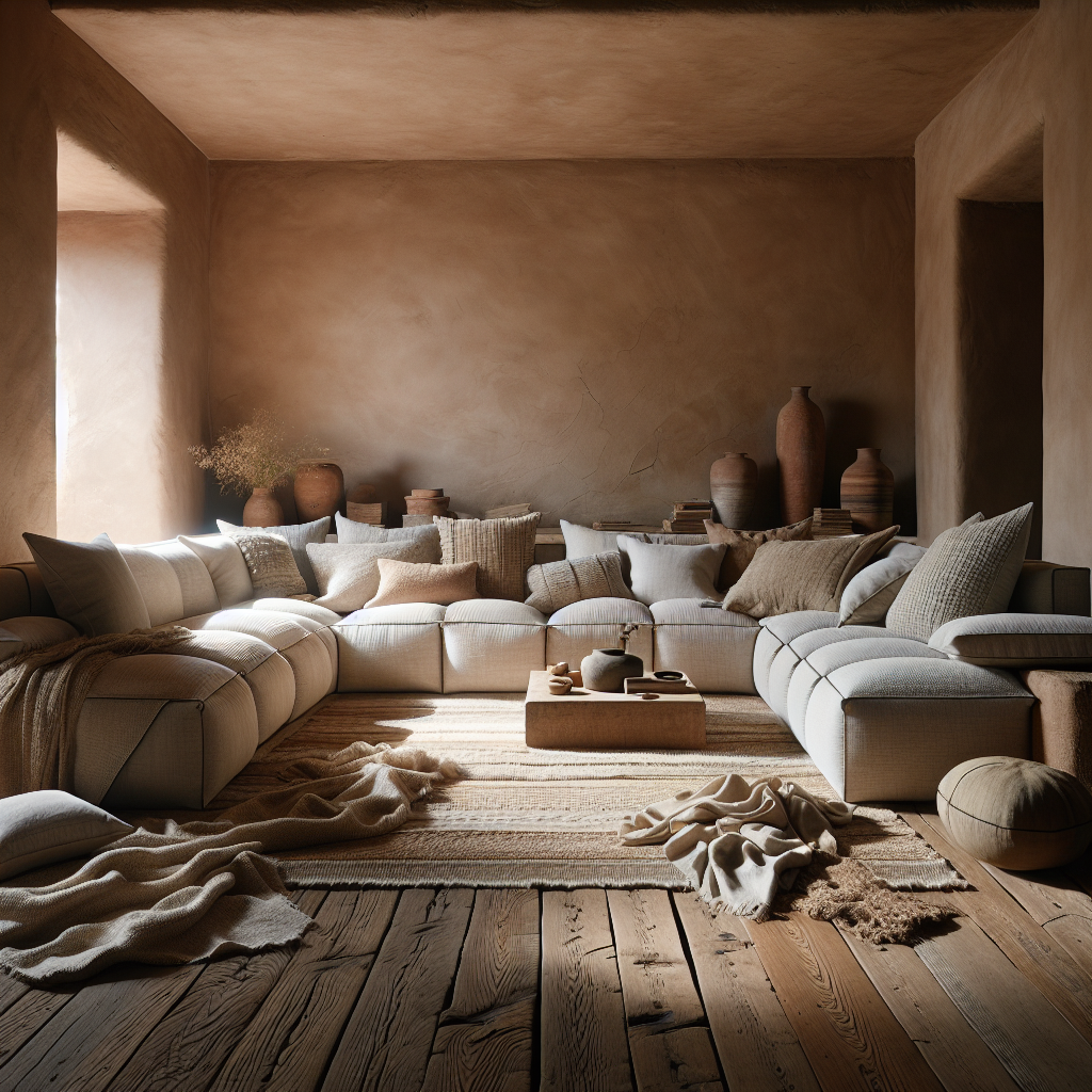 Ein einladendes Wohnzimmer mit neutralen Farben, gemütlichem Sofa und dekorativen Töpfen.
