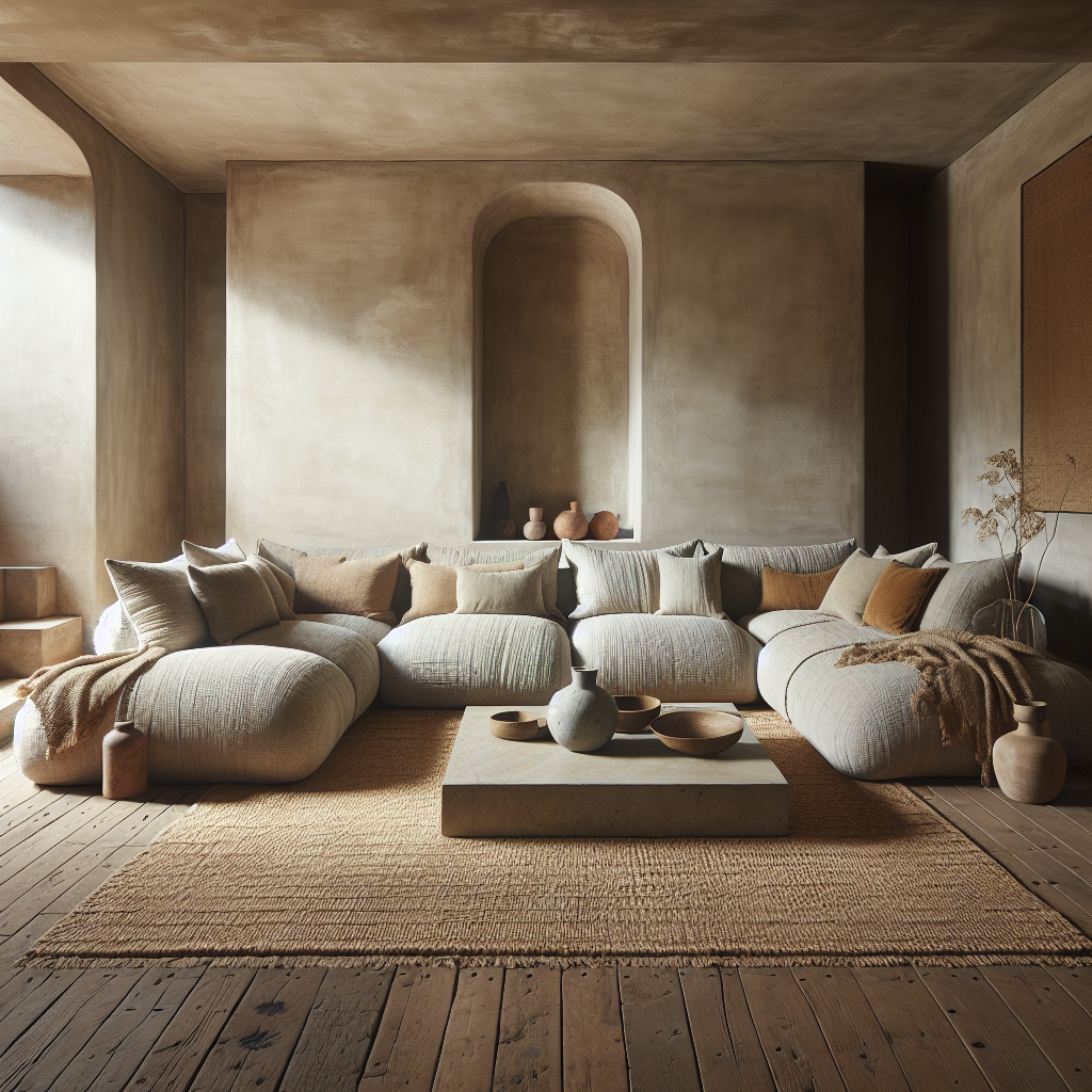 Een stijlvol interieur met een comfortabele bank en aardetinten decor.