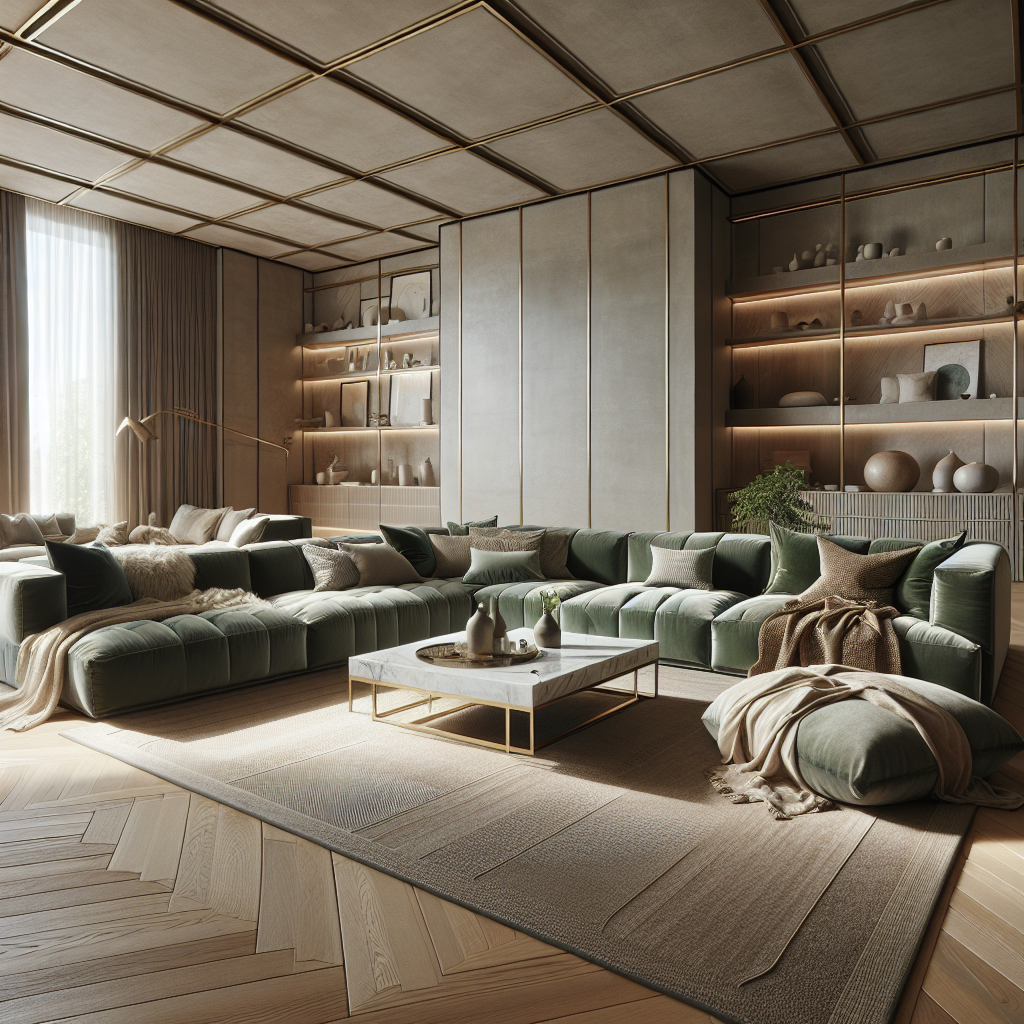 Een stijlvolle woonkamer met een groene bank, marmeren tafel en warme verlichting.