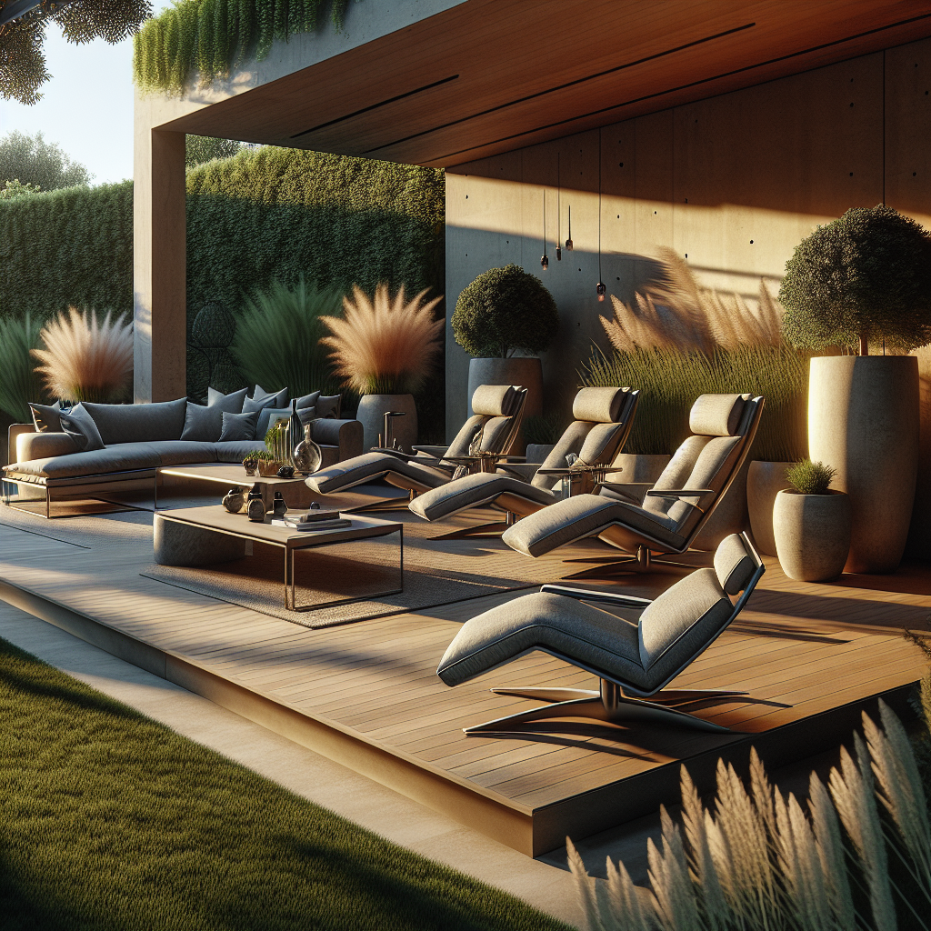 Moderne buitenruimte met comfortabele loungestoelen en een gedroogde plantenarrangement.