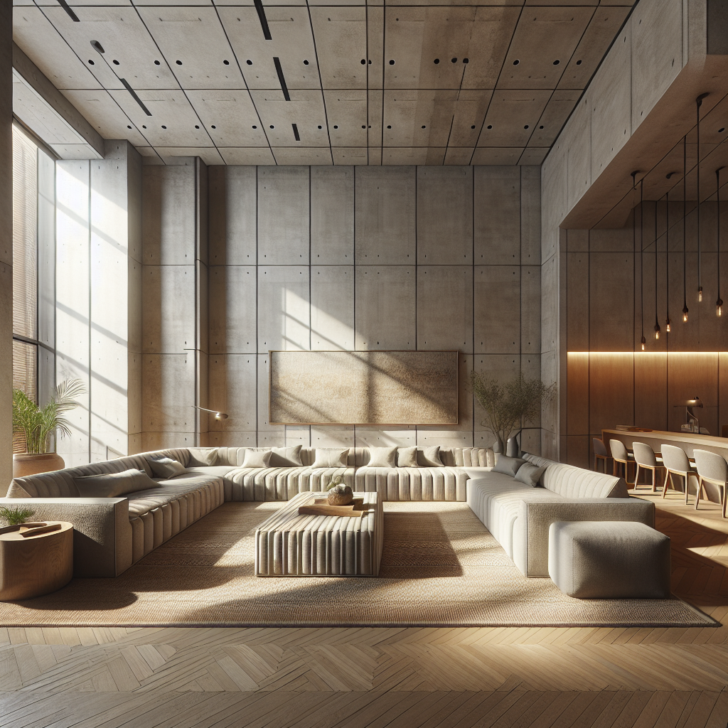 Moderne woonkamer met betonnen muren en een ruime, comfortabele zithoek.