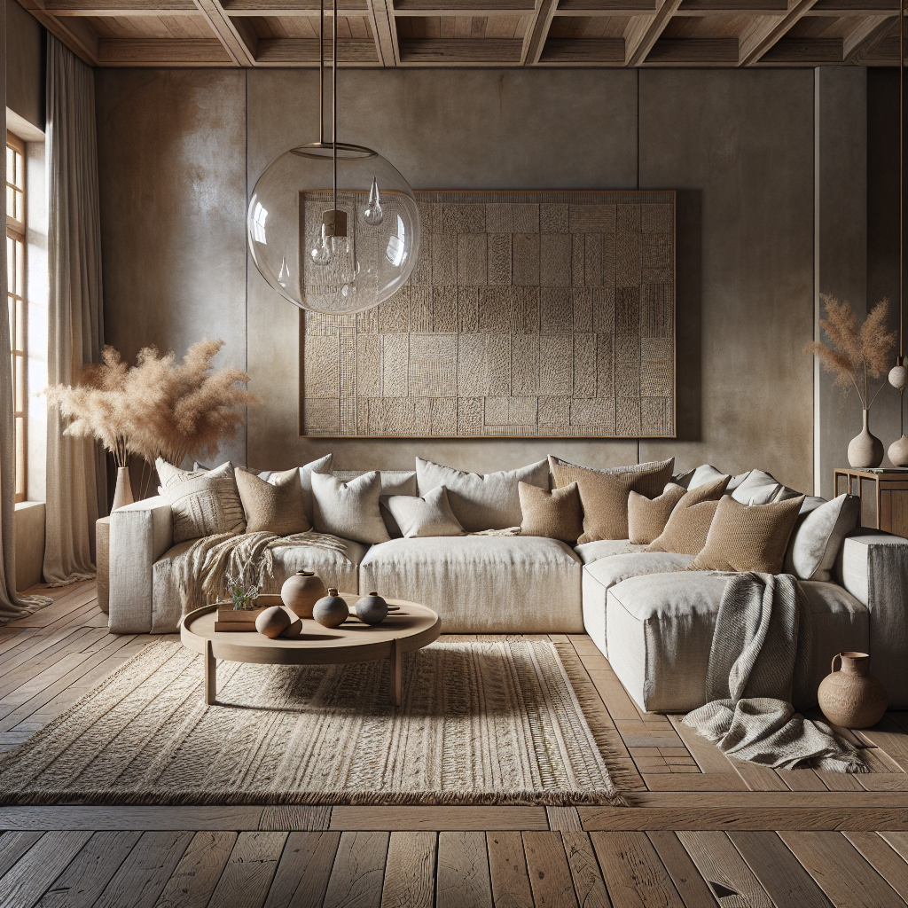 Modernes Wohnzimmer mit neutralen Farben, gemütlicher Couch und stilvollen Dekorationen.