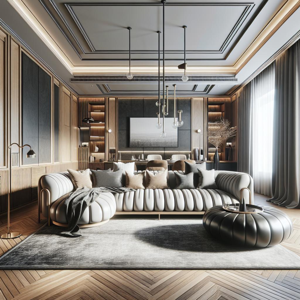 Foto van luxe moderne woonkamer met Scandinavisch design en hotel chic elementen.