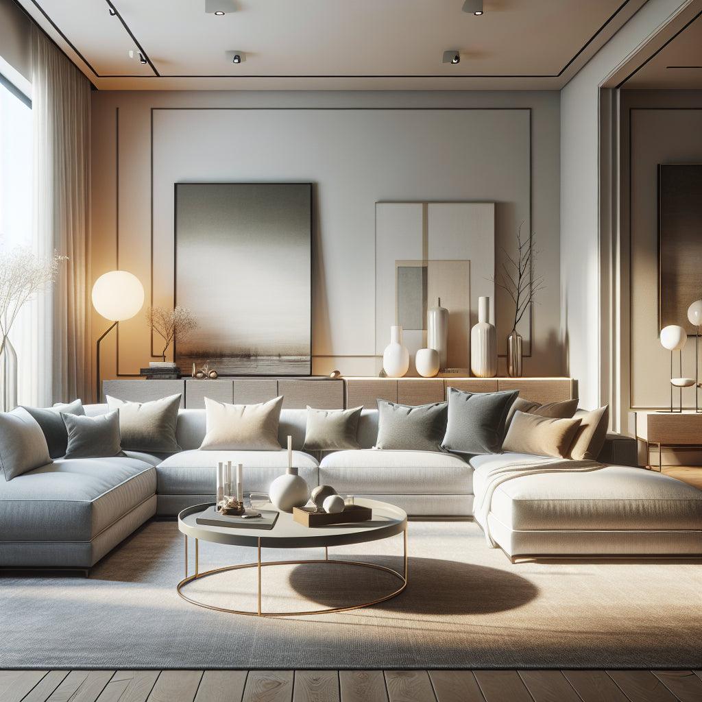 "Minimalistisch interieurontwerp van een luxe woonkamer met elegante grijze sectionele sofa, ronde glazen salontafel en neutrale kleurenpalet, verfraaid met moderne kunst en indirecte verlichting."