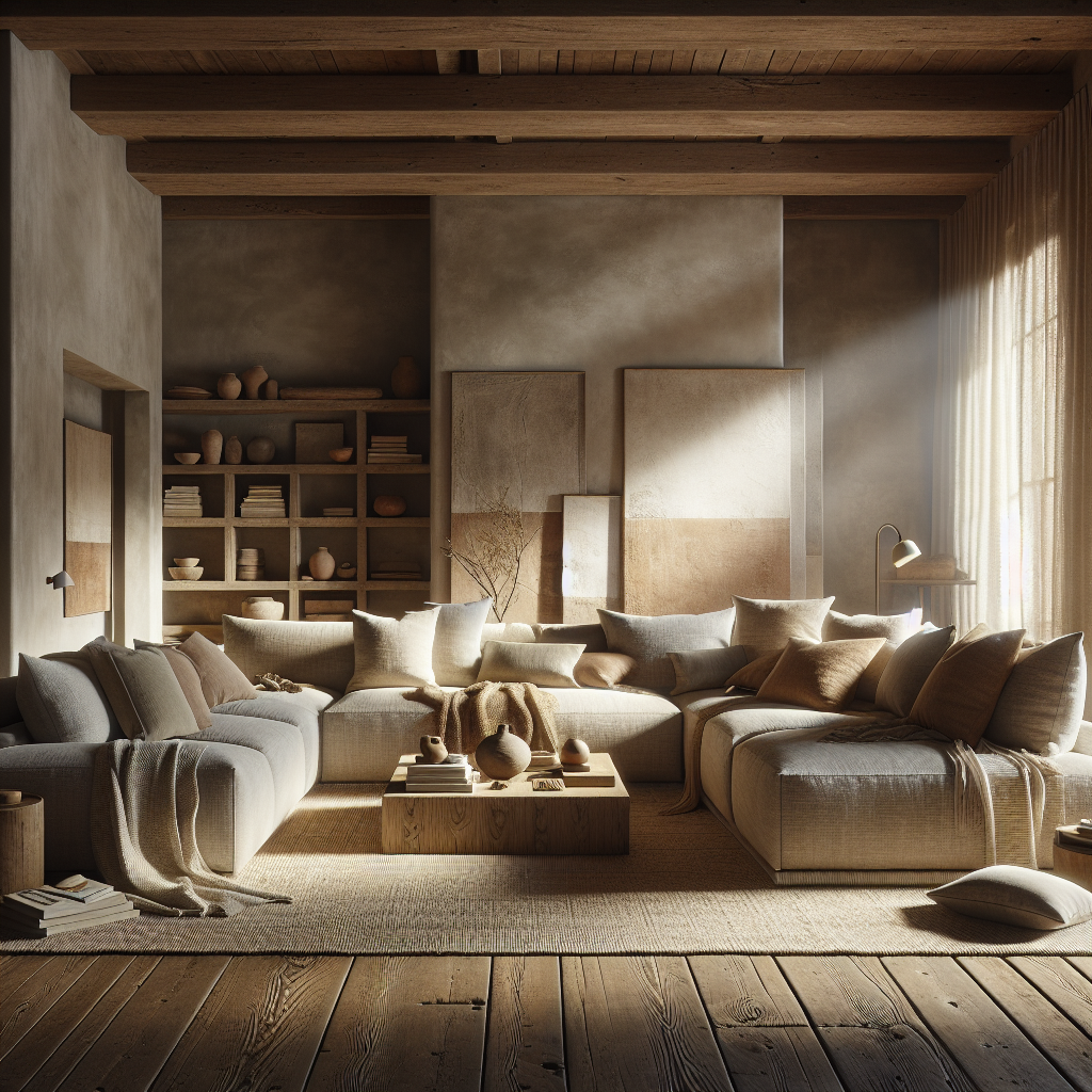 Een lichte woonkamer met comfortabele banken en natuurlijke decoraties in neutrale tinten.
