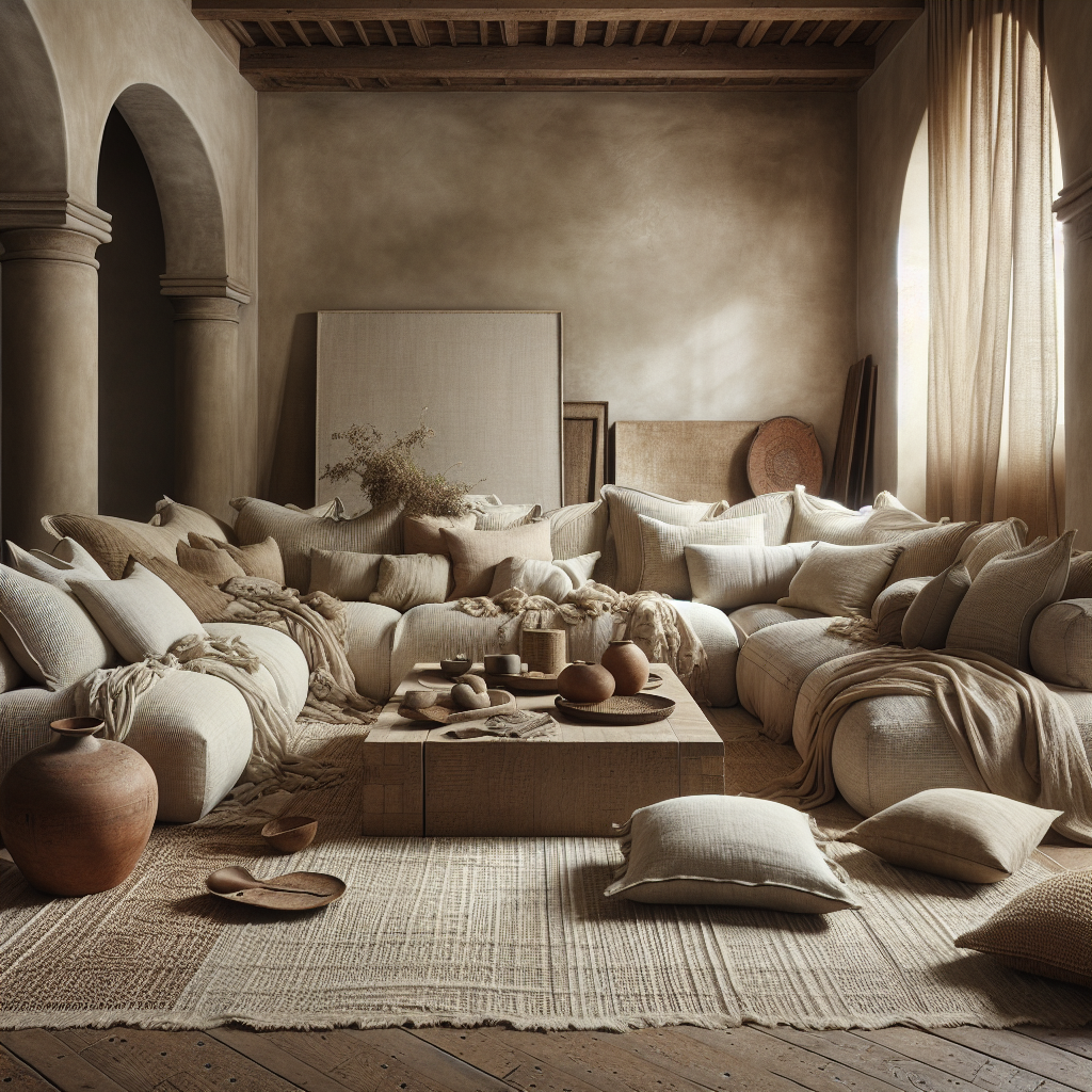 Een sfeervolle woonkamer met neutrale kussens en aardse decoraties.