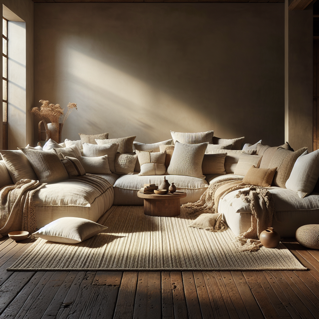 Gemütliche Couch mit vielen Kissen und warmem, natürlichem Licht.