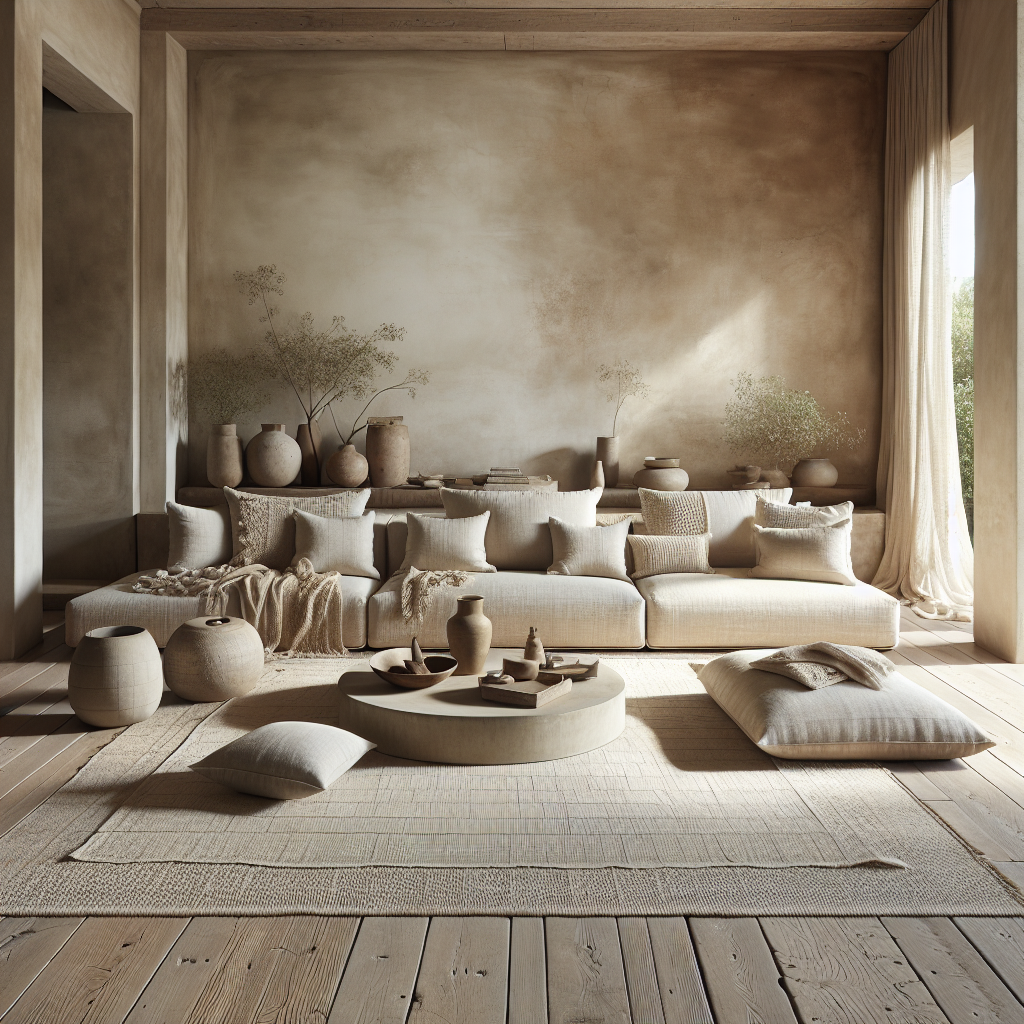 Een serene woonkamer met aardetinten en comfortabele, stijlvolle meubels en decor.
