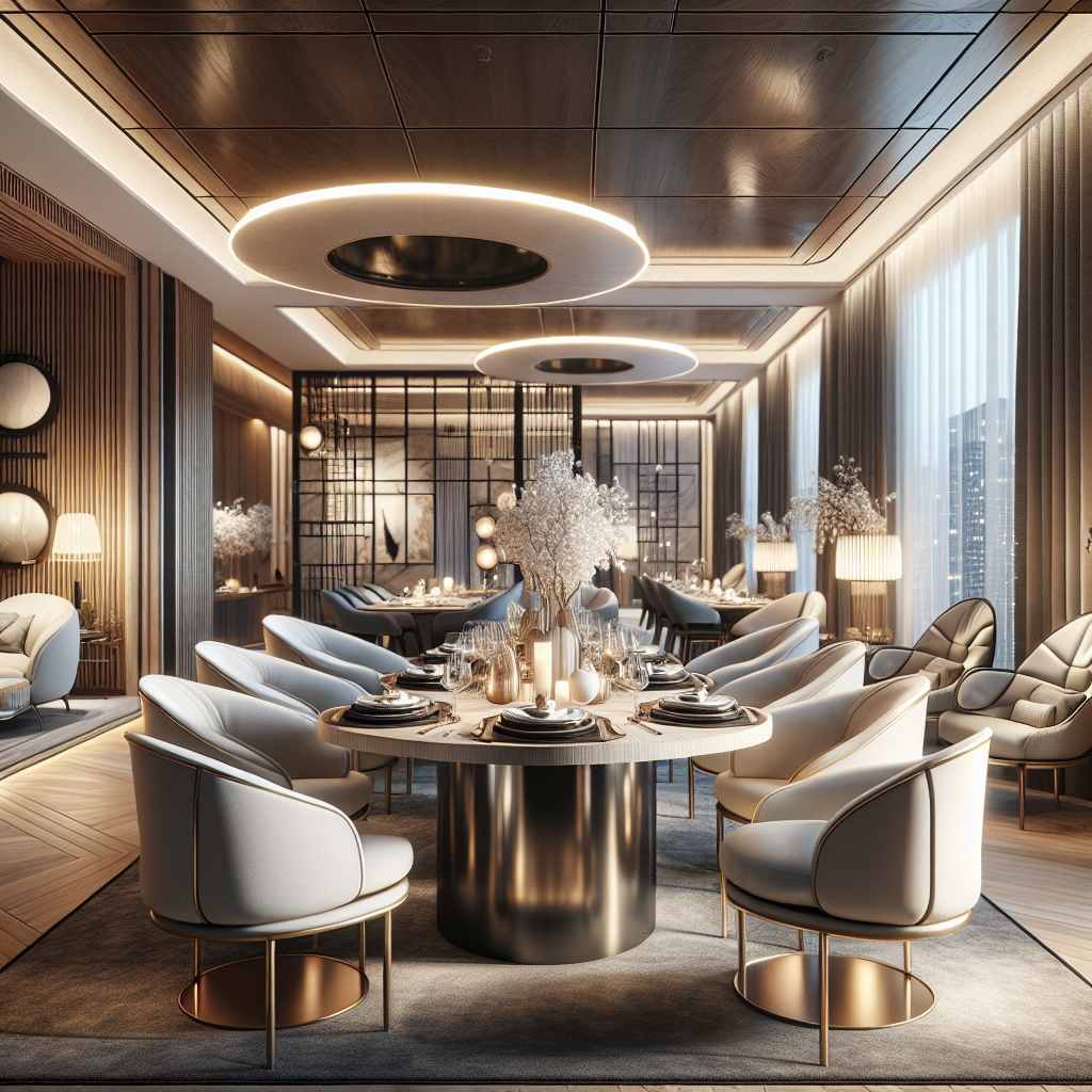 Elegante eetkamer met stijlvol meubilair en sfeervolle verlichting.