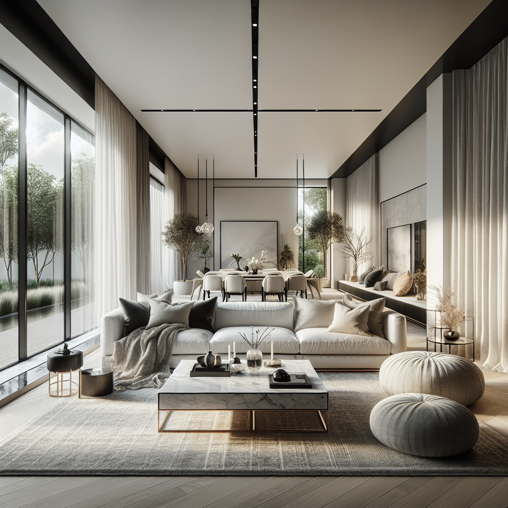 Moderne woonkamer met veel natuurlijk licht, comfortabele bank en stijlvolle decoratie.