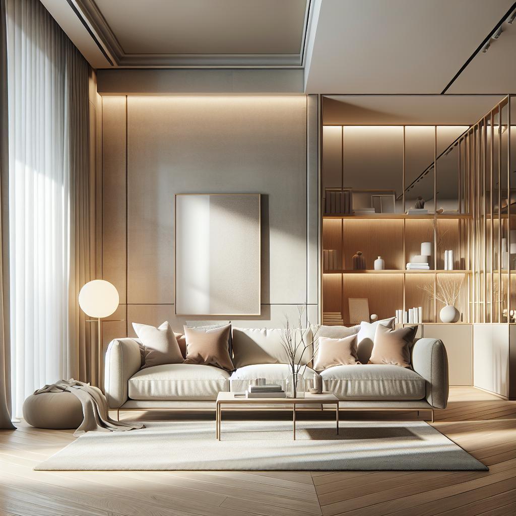 Hyperrealistic photograph of a chic Scandinavian living room with modern elegance.