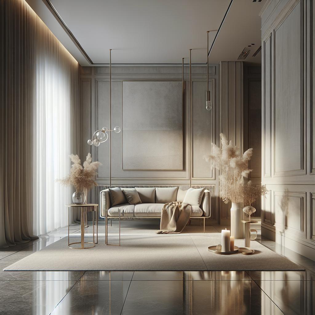 Foto van hyperrealistisch modern Scandinavisch design met beige bank als middelpunt.