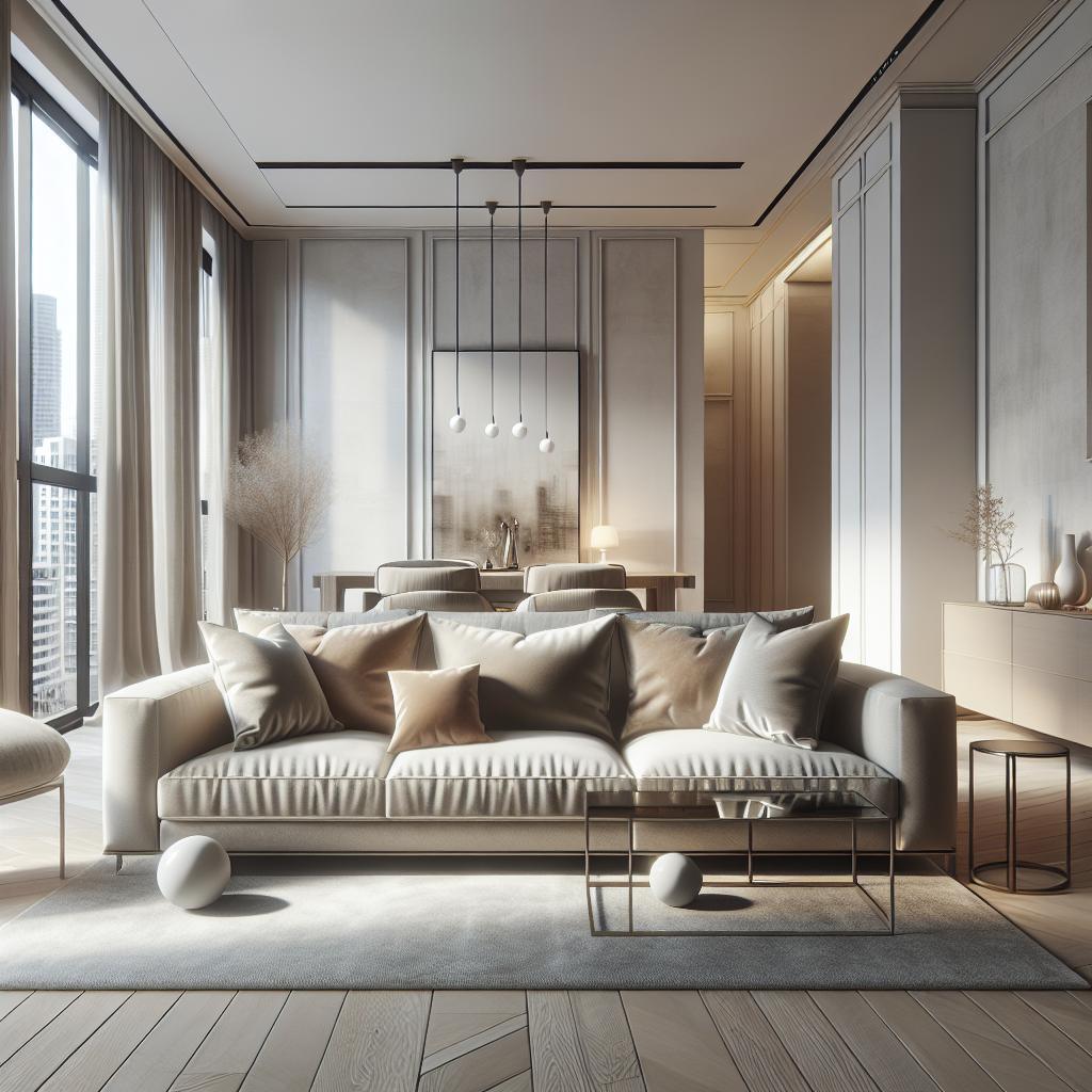 Hyperrealistisch Scandinavisch geïnspireerd woonkamerontwerp met luxe beige bankstel als blikvanger.
