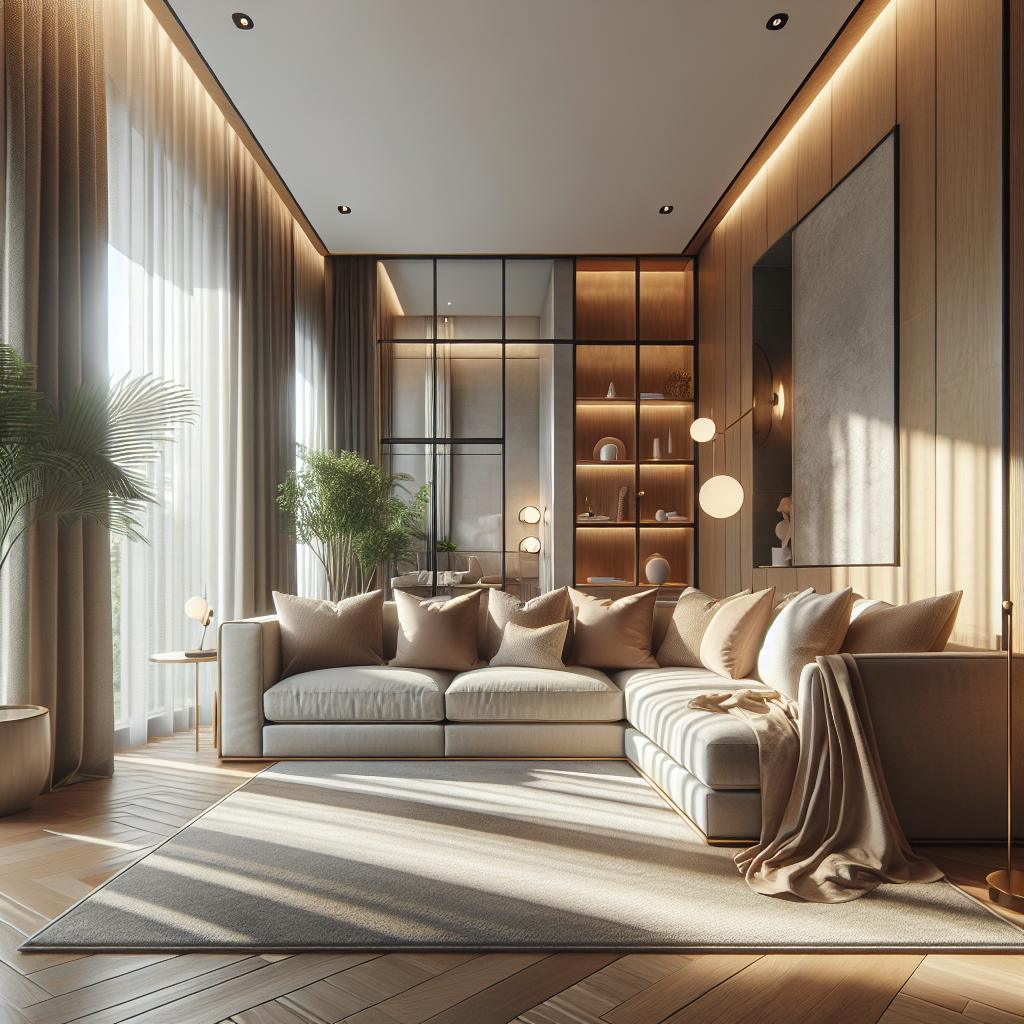 Een luxueuze beige hoekbank in een modern Scandinavisch interieur.