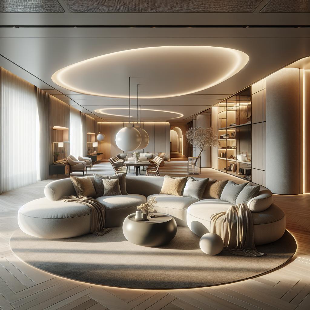 "Stijlvol en modern interieurontwerp van woonkamer met rondvormige modulaire bank, hangende cirkelvormige verlichting, elegante decoratieve elementen en ingebouwde planken in een luxe appartement."