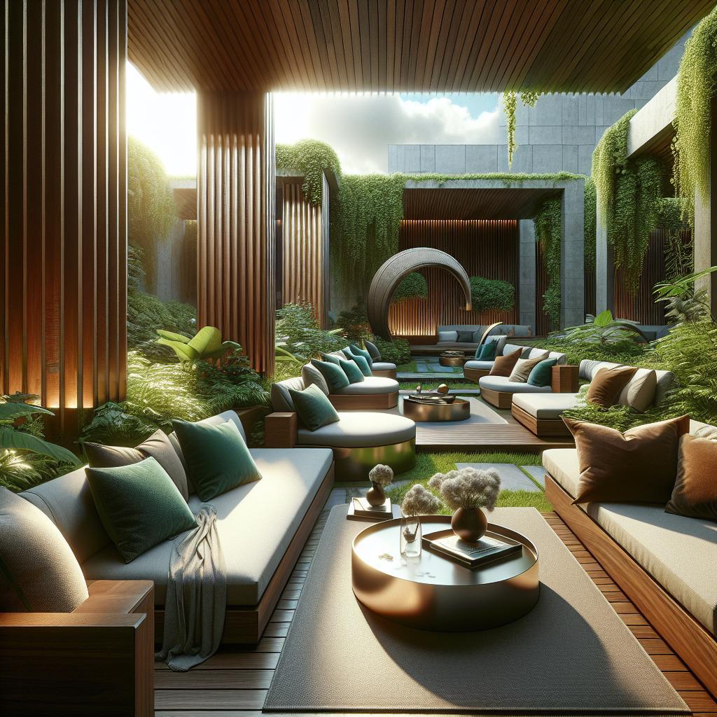 Afbeelding: Luxe Scandinavische buitenbanken in weelderige tuinsetting met moderne accenten.