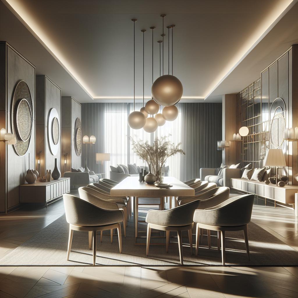 "Eigentijds eetkamerontwerp met hangende bronzen bolvormige lampen, houten eettafel met bijpassende stoelen, geaccentueerd door kunstzinnige wanddecoraties en ingebouwde kasten, gecomplementeerd door sfeervolle verlichting en luxe gordijnen."