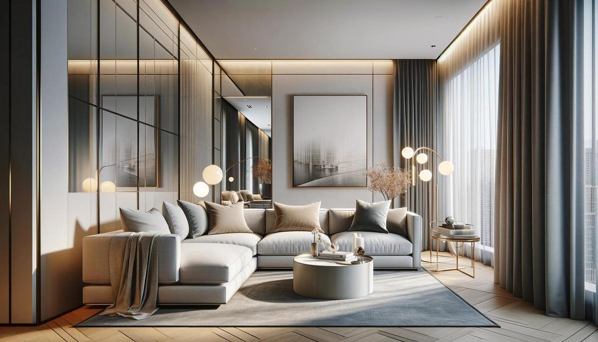 "Hedendaagse ruime woonkamer met minimalistische inrichting, grote grijze hoekbank, elegante staande lampen, glazen wanden en luxe houten vloer met stijlvolle gordijnen en stadsuitzicht."