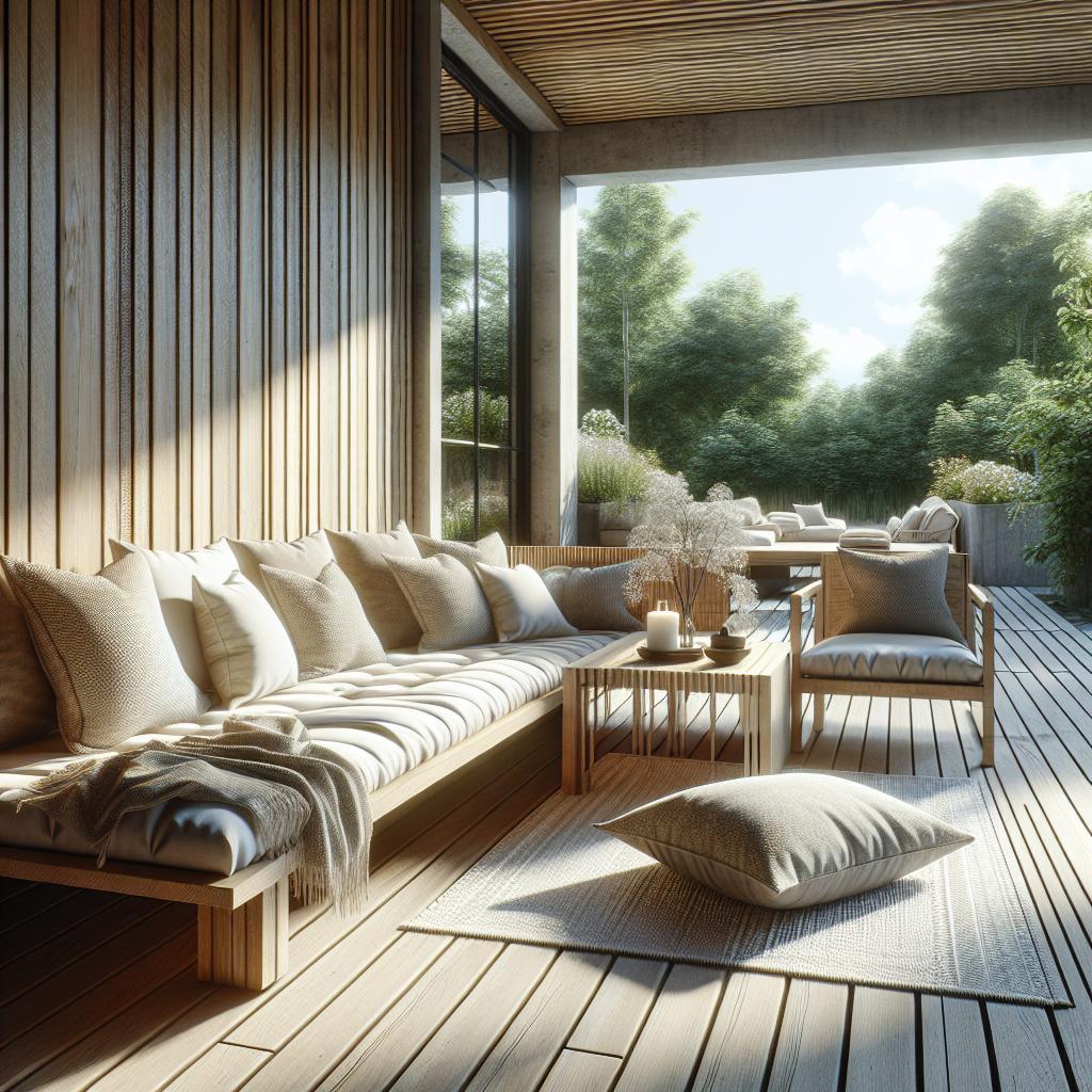 "Stijlvol terras met moderne tuinmeubelen, waaronder een comfortabele loungebank en fauteuils, houten vloerplanken, serene natuurlijke omgeving en veel daglicht."