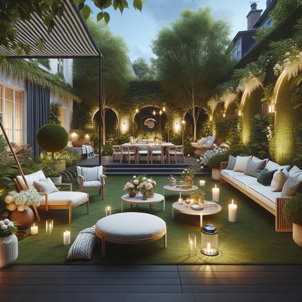 "Gezellige en luxe buitenruimte in de avond met sfeerverlichting, comfortabele buitenmeubels, aangelegde tuin en buiten eethoek voor entertaiment."