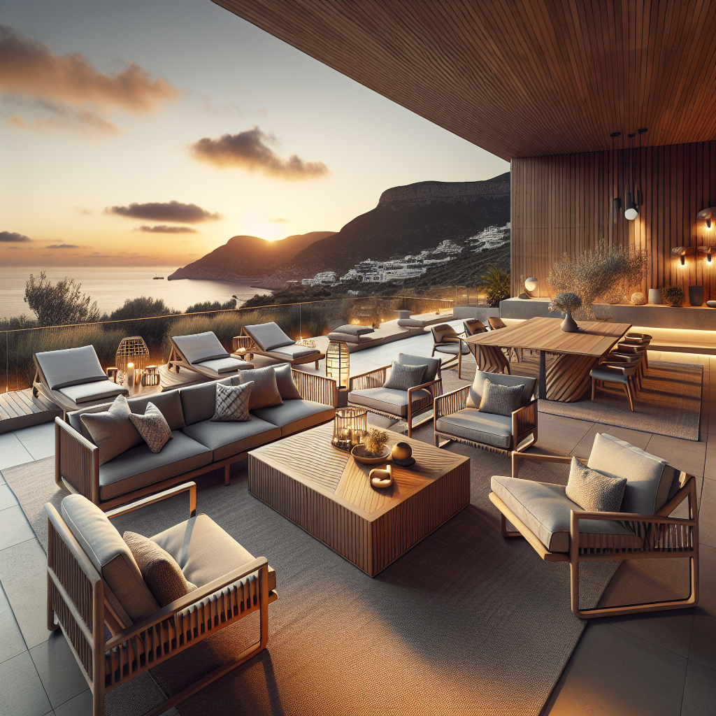 Terraza elegante al atardecer con muebles de madera y vista al mar.