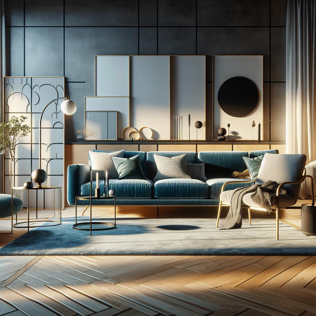 Fotobeschrijving: Luxe en stijlvol modern interieur met Scandinavische invloeden en blauwe sofa.