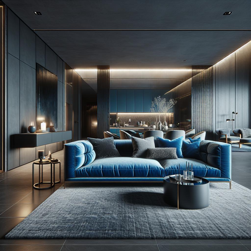 "Eigentijdse donkerblauwe fluwelen bank in een stijlvolle minimalistische woonkamer met donker houten wandpanelen, designer verlichting en moderne decoratieve accenten."