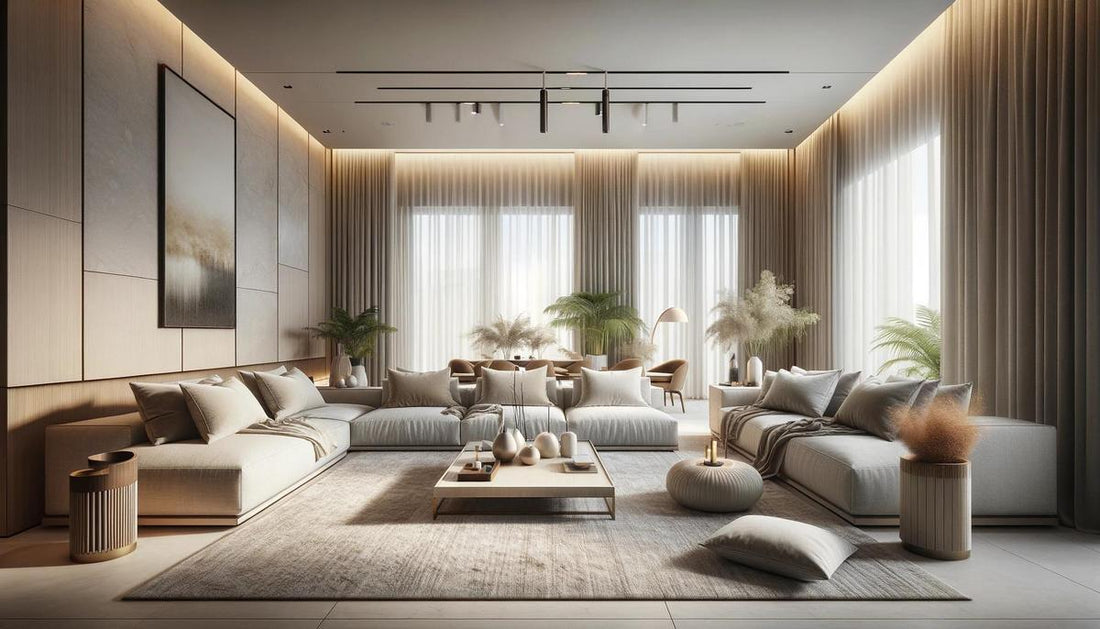 "Minimalistische chique woonkamer met neutraal kleurenpalet, strakke lijnen, en natuurlijke materialen, voorzien van designmeubels, elegante verlichting en decoratieve planten."